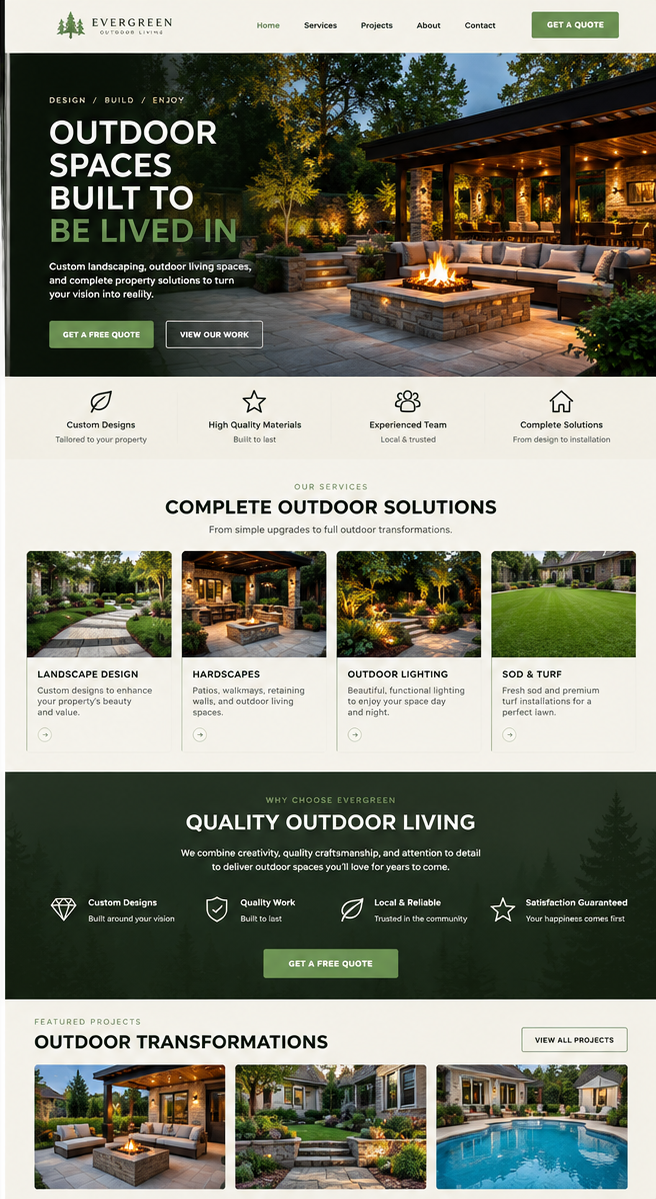 Fictional Evergreen Outdoor Living website demo with landscaping services and featured projects