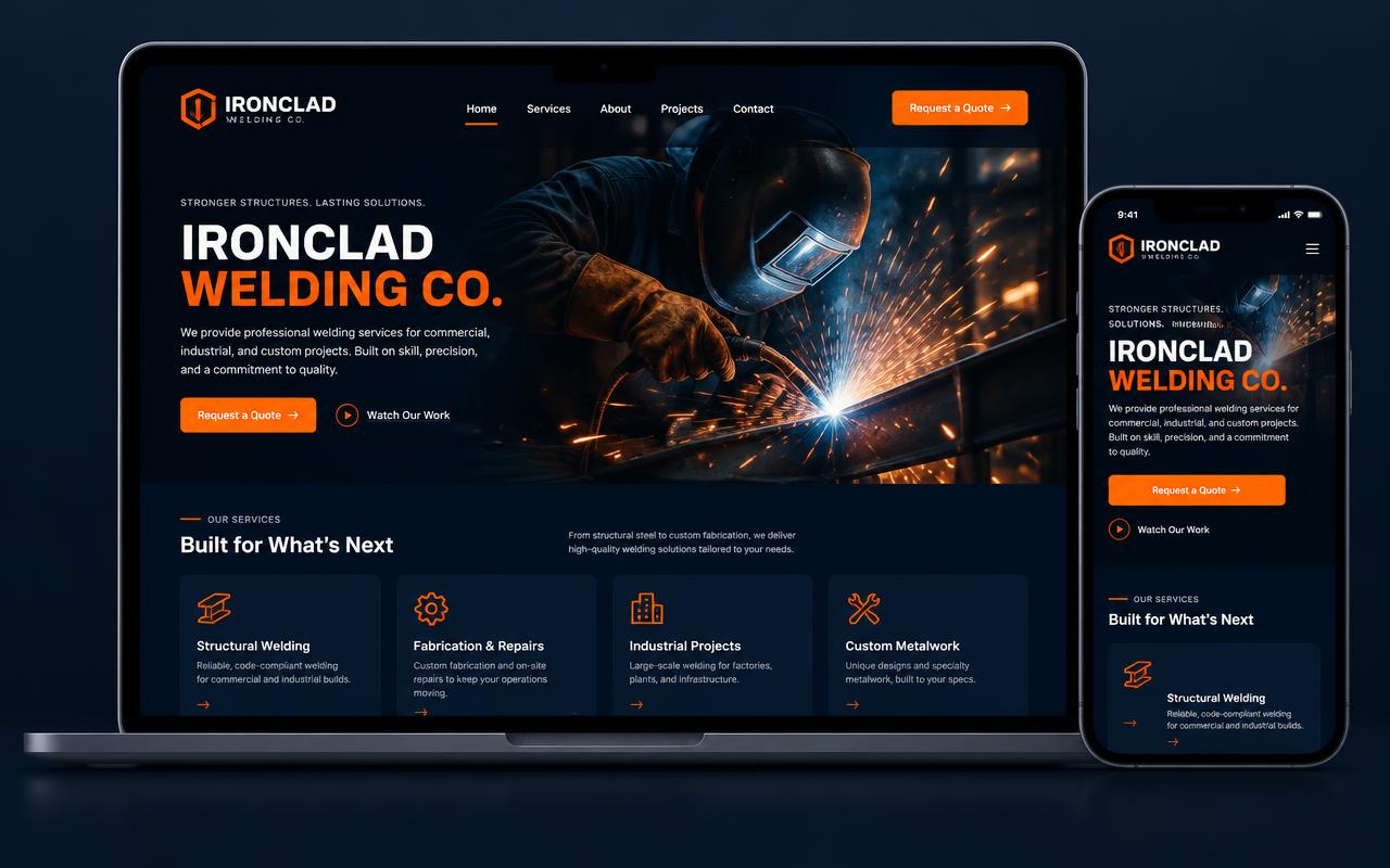 Fictional Ironclad Welding Co. website demo with welding services and a project gallery